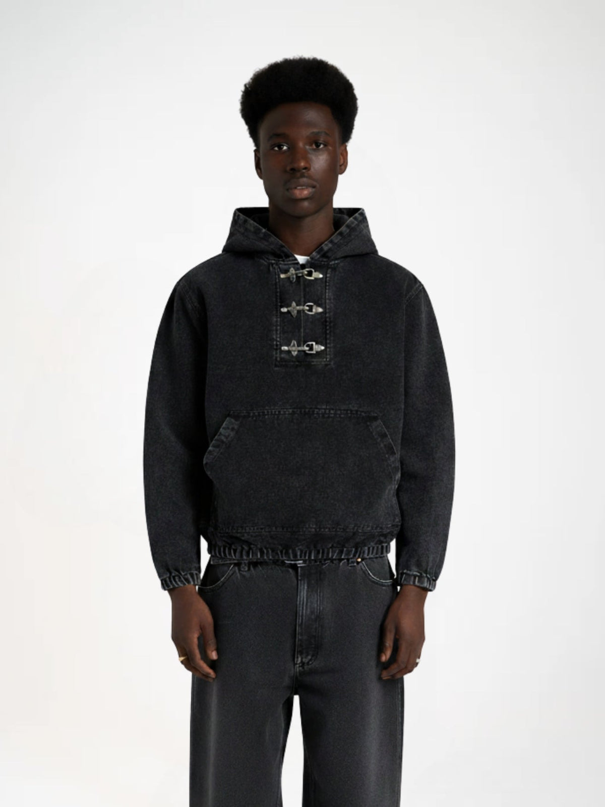 Toggle Front Washed Denim Hoodie