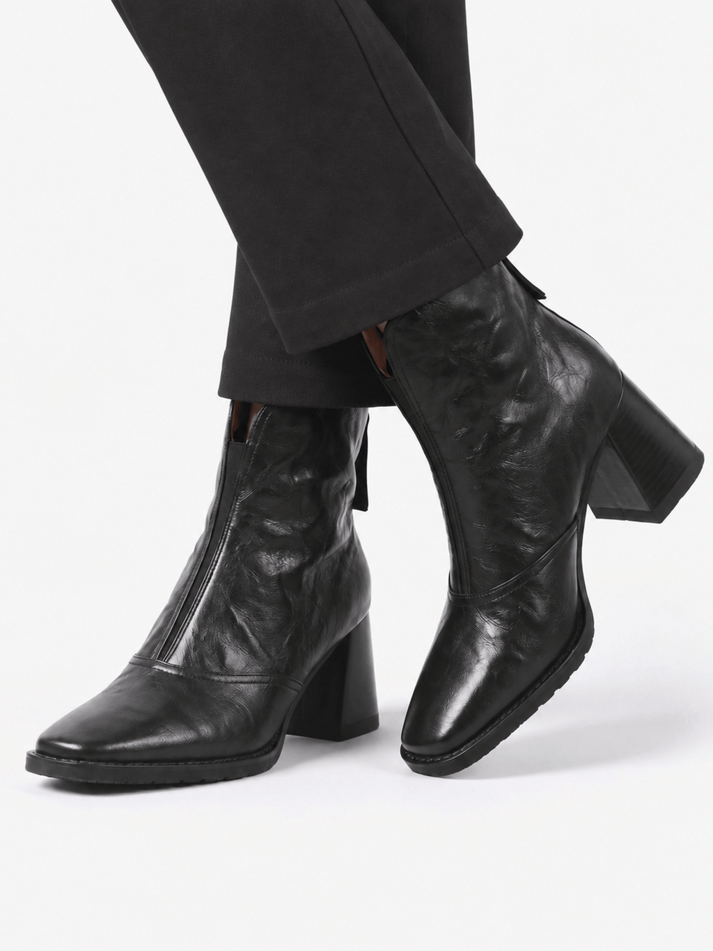 Women's Leather Ankle Boots with Square Heel and Zipper