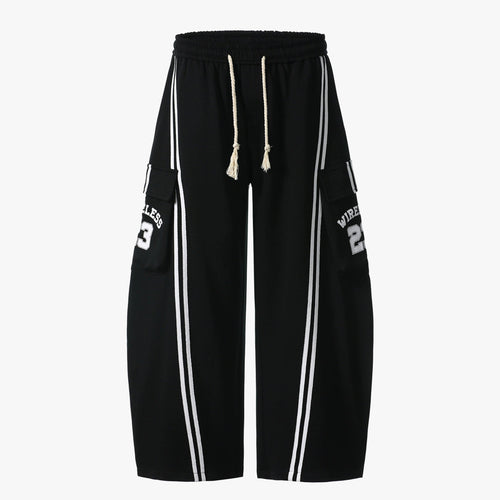 Cotton Web Stitching Letter Print Drawstring Barrel Pants - Drenn