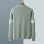 Men’s merino blend cardigan with striped sleeves and patch pockets