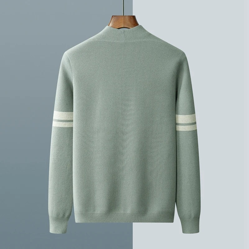 Men’s merino blend cardigan with striped sleeves and patch pockets