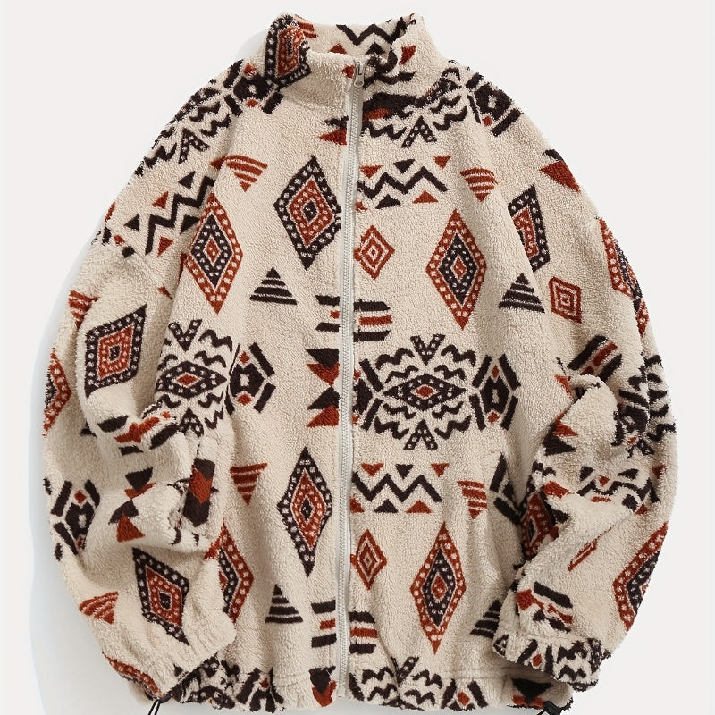 Women's Ethnic Print Fleece Zip-Up Sweater