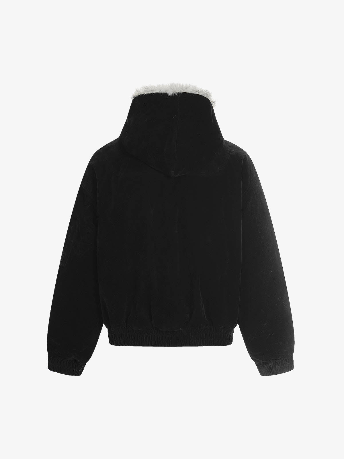 Zamszowa kurtka bomberka z kapturem z futerkiem i metalową klamrą w stylu streetwear