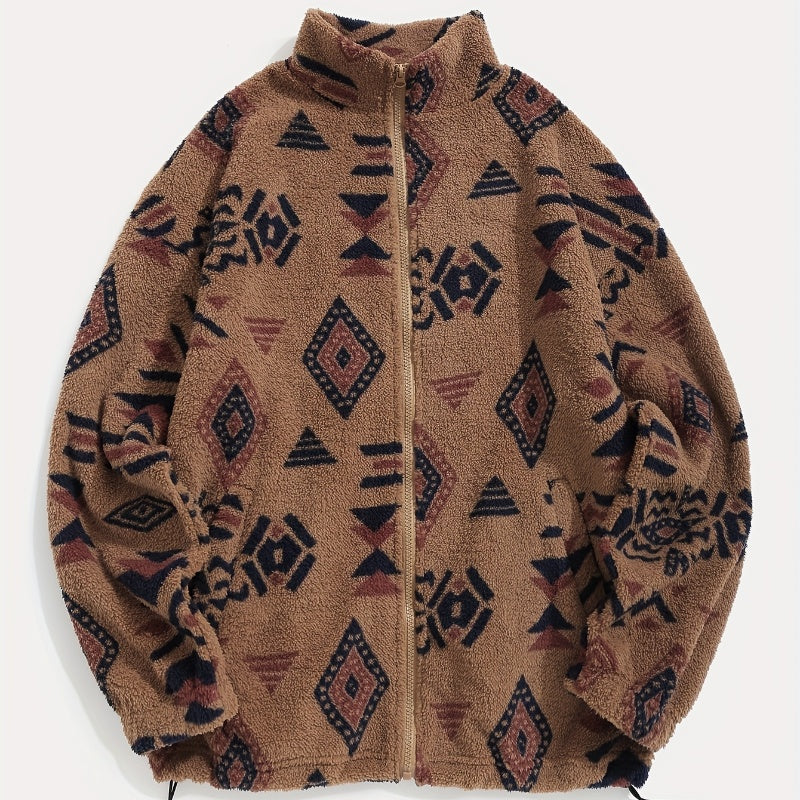 Women's Ethnic Print Fleece Zip-Up Sweater