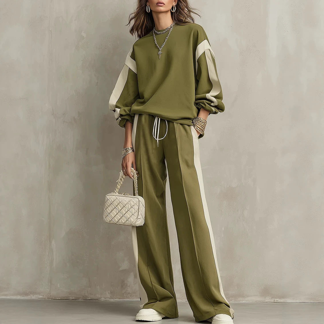 Women’s Oversized Tracksuit Set | Color Block Sweatshirt and Wide-Leg Pants