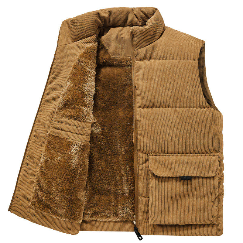 Men’s Corduroy Fleece-Lined Multi-Pocket Winter Puffer Gilet