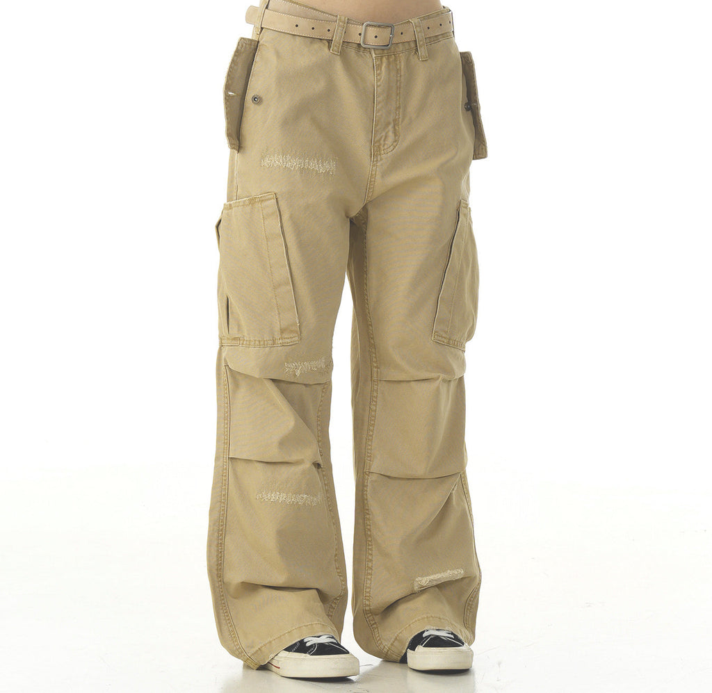 Cotton Hole Patch Pleated Multi-Pocket Cargo Casual Pants - Drenn