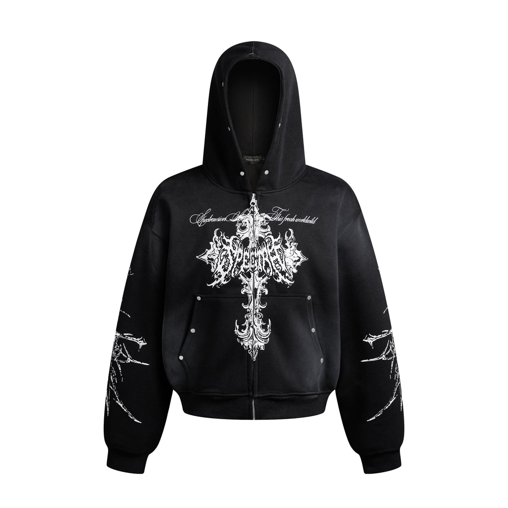 Street Wasteland Washed Cross Print Zip Up Jacket - Drenn