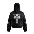 Street Wasteland Washed Cross Print Zip Up Jacket - Drenn