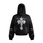 Street Wasteland Washed Cross Print Zip Up Jacket - Drenn