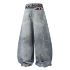 Tie Graphic Print Vintage Wash Wide Leg Denim Jeans - Drenn
