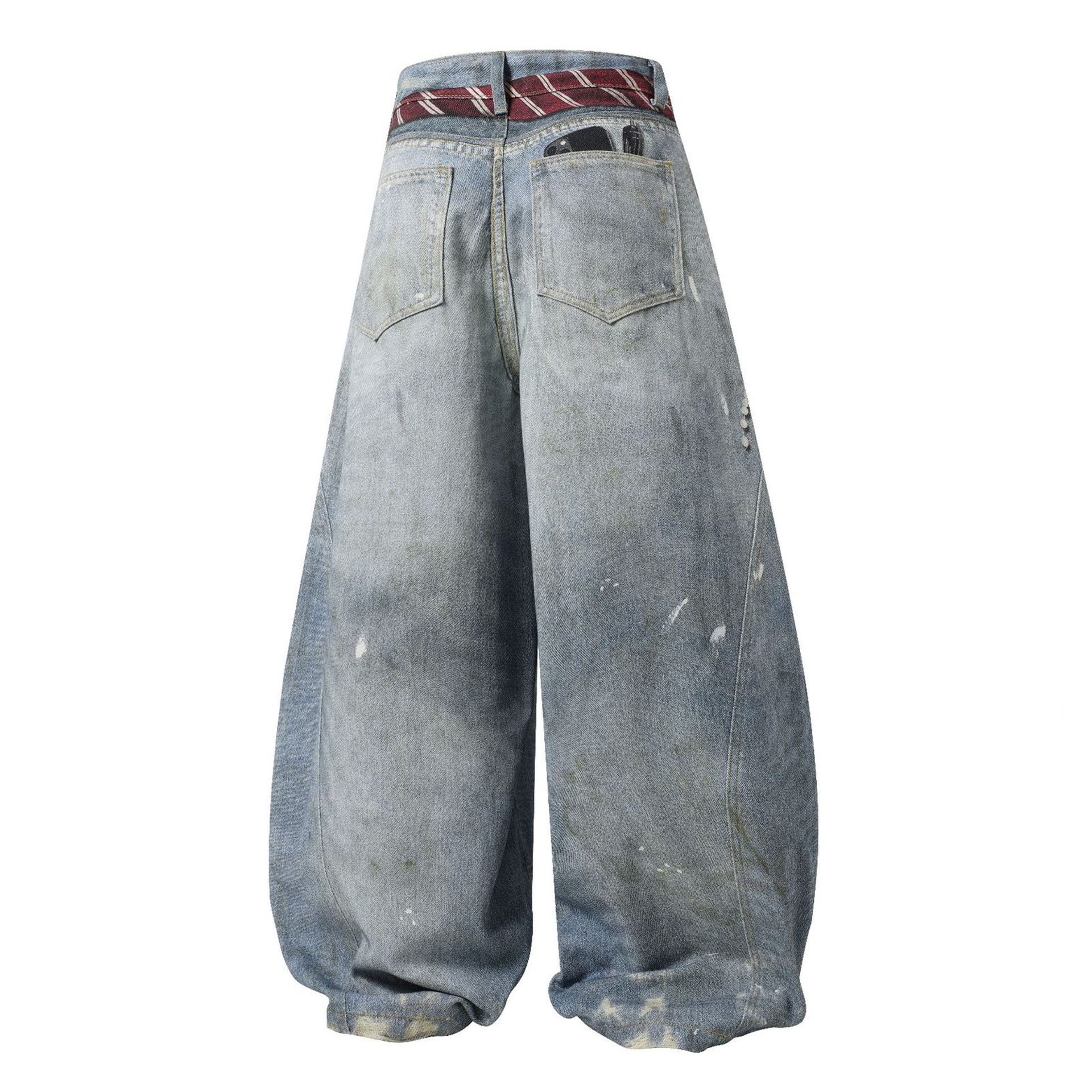Tie Graphic Print Vintage Wash Wide Leg Denim Jeans - Drenn