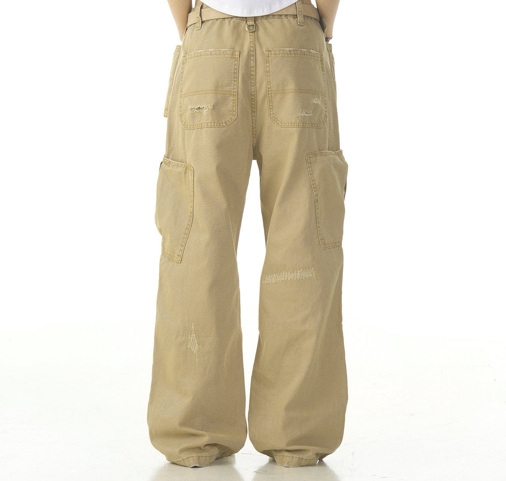 Cotton Hole Patch Pleated Multi-Pocket Cargo Casual Pants - Drenn