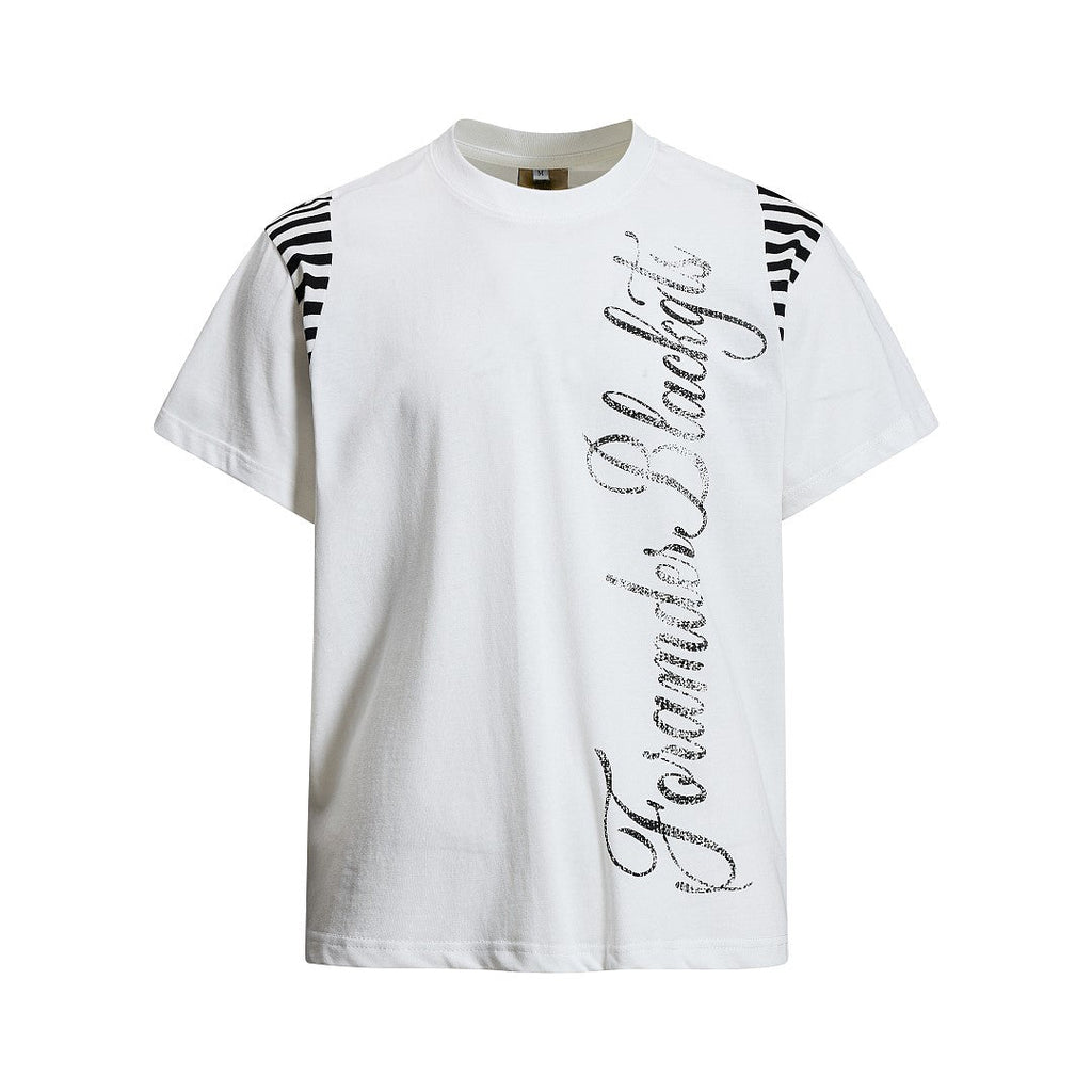 Streetwear Script Print Striped Patchwork T-Shirt - Drenn