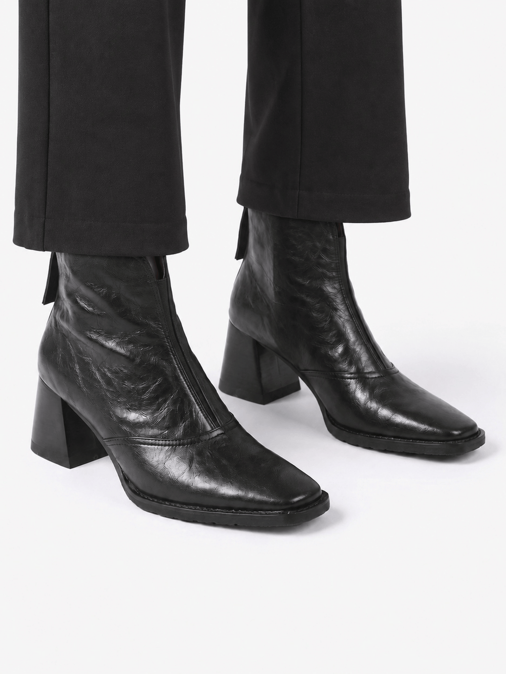Women's Leather Ankle Boots with Square Heel and Zipper