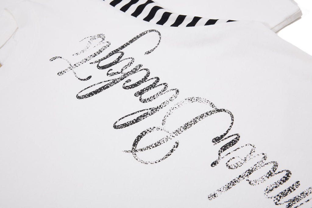 Streetwear Script Print Striped Patchwork T-Shirt - Drenn