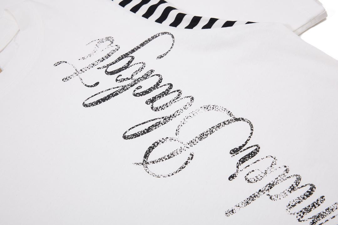 Streetwear Script Print Striped Patchwork T-Shirt - Drenn