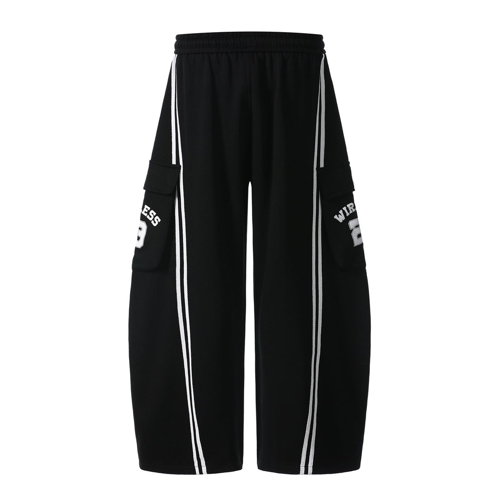 Cotton Web Stitching Letter Print Drawstring Barrel Pants - Drenn