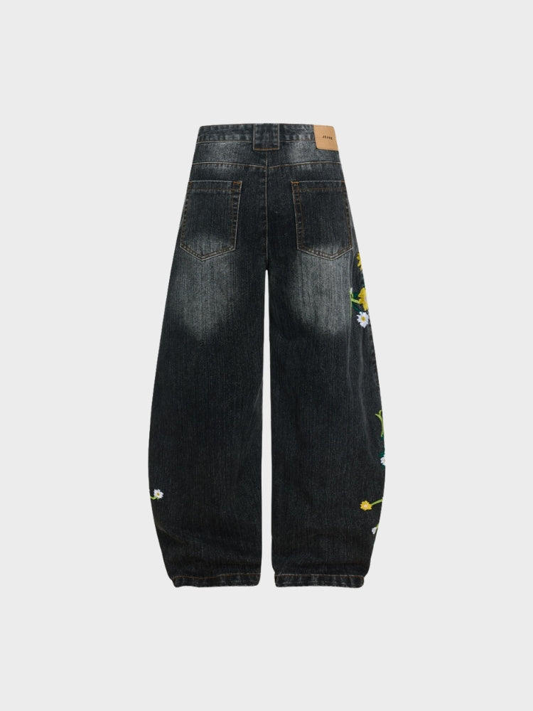 Baggy Washed Flower Denim Jeans
