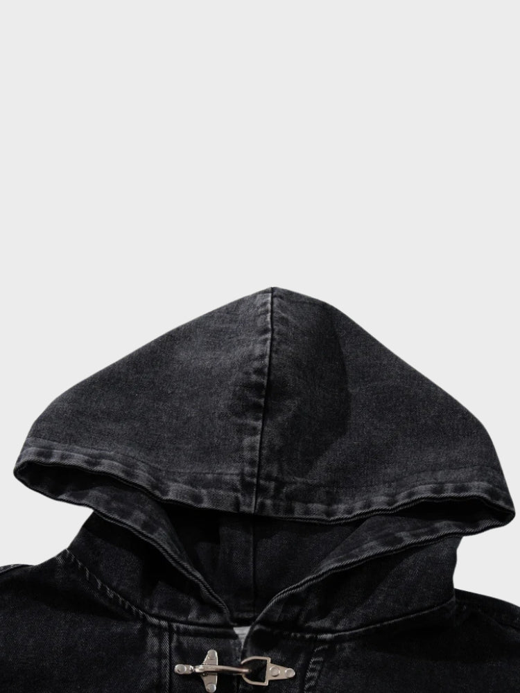 Toggle Front Washed Denim Hoodie