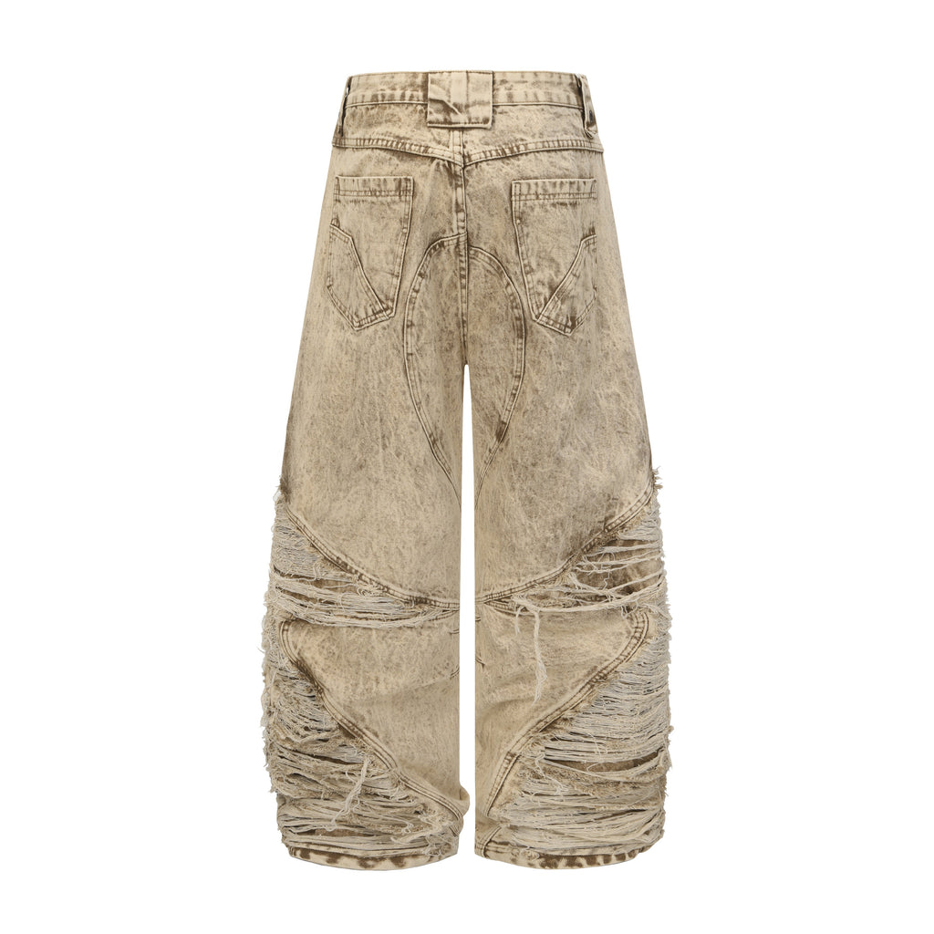 Distressed Raw-Edge Panel Sculpted Wide-Leg Jeans - Drenn