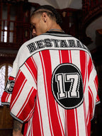 Jersey de punto rojo a rayas de manga corta para hombre