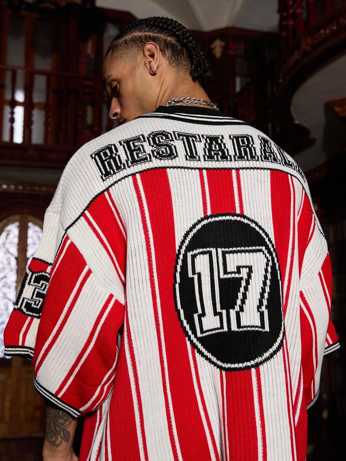 Jersey de punto rojo a rayas de manga corta para hombre