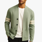 Men’s merino blend cardigan with striped sleeves and patch pockets