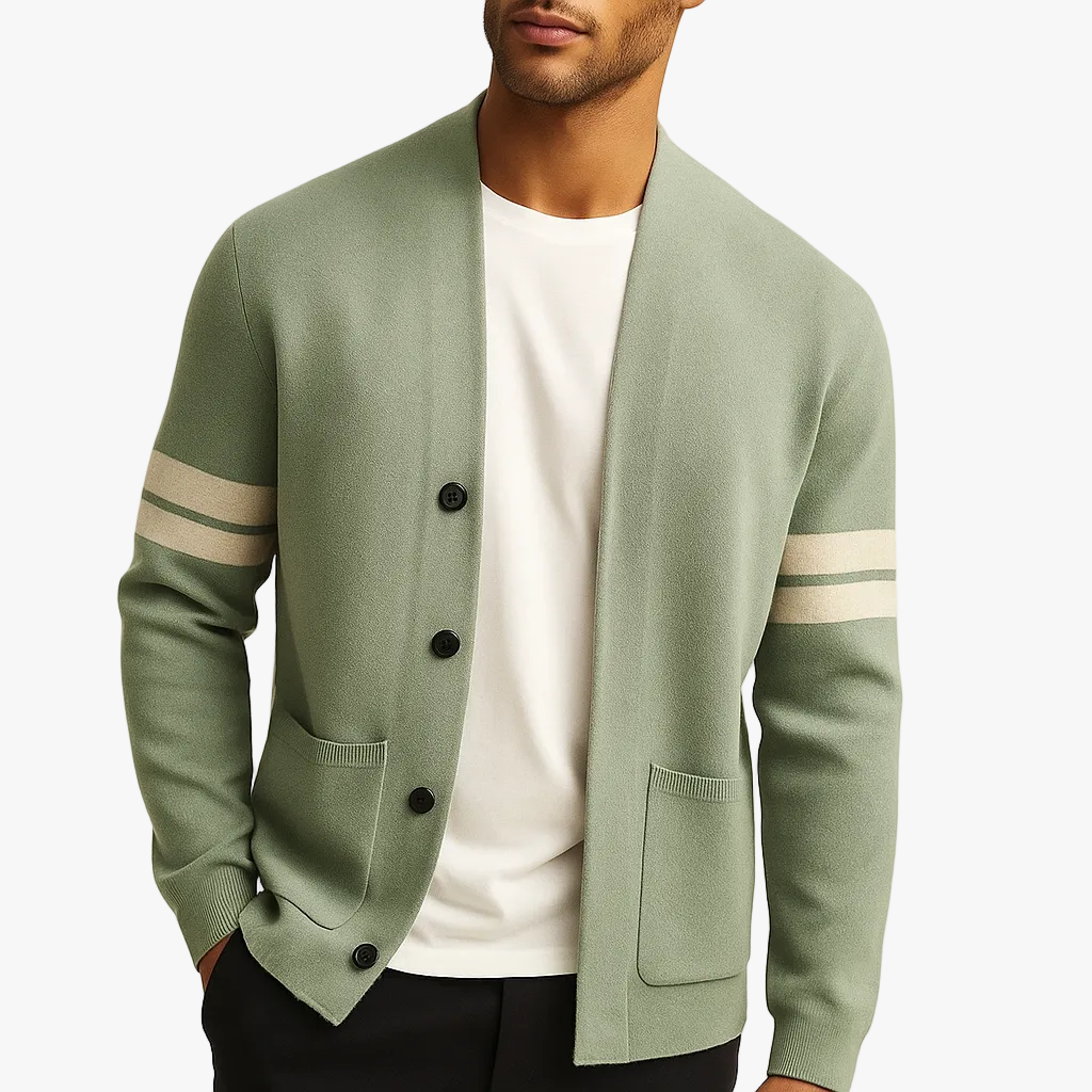 Men’s merino blend cardigan with striped sleeves and patch pockets