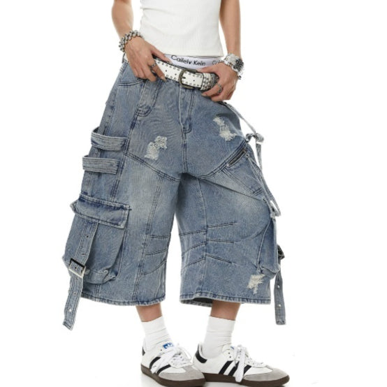 Men's Frayed-hem Distressed Denim Capri Pants