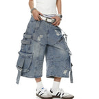 Men's Frayed-hem Distressed Denim Capri Pants