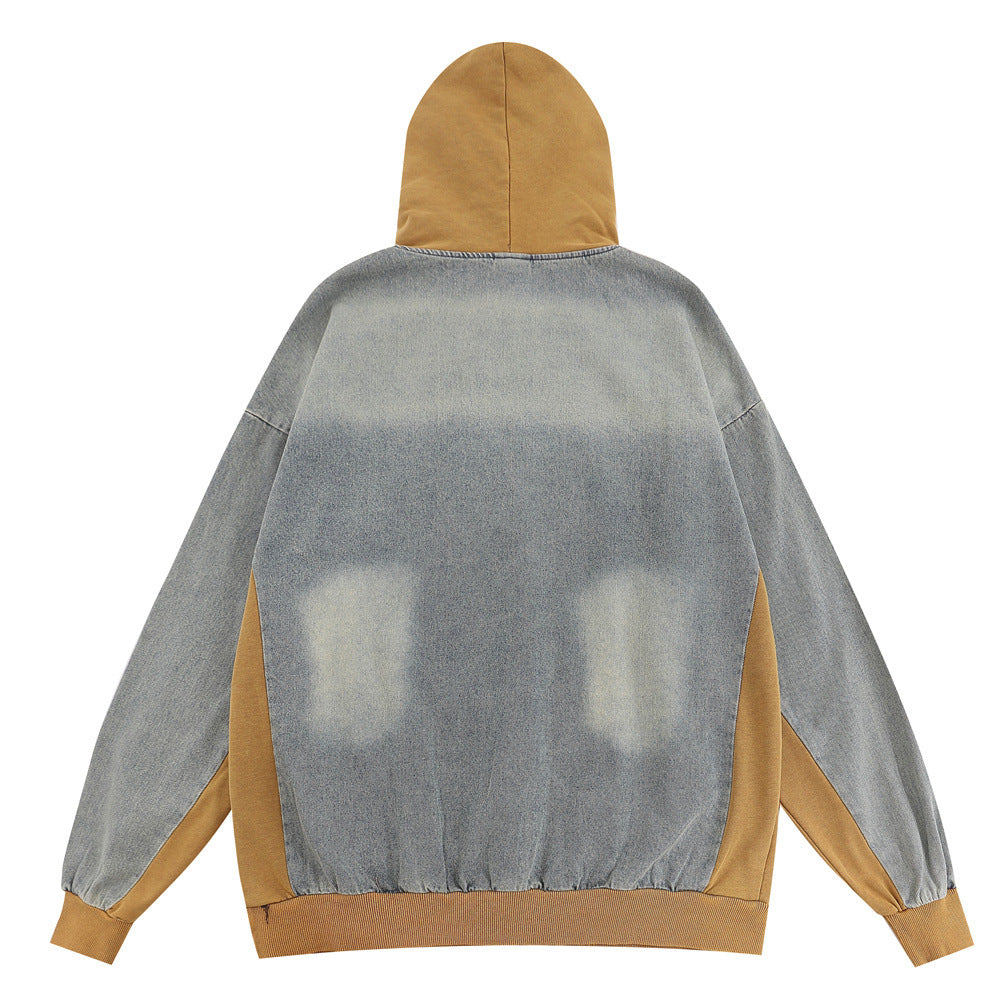 Vintage Color block Denim Hoodie
