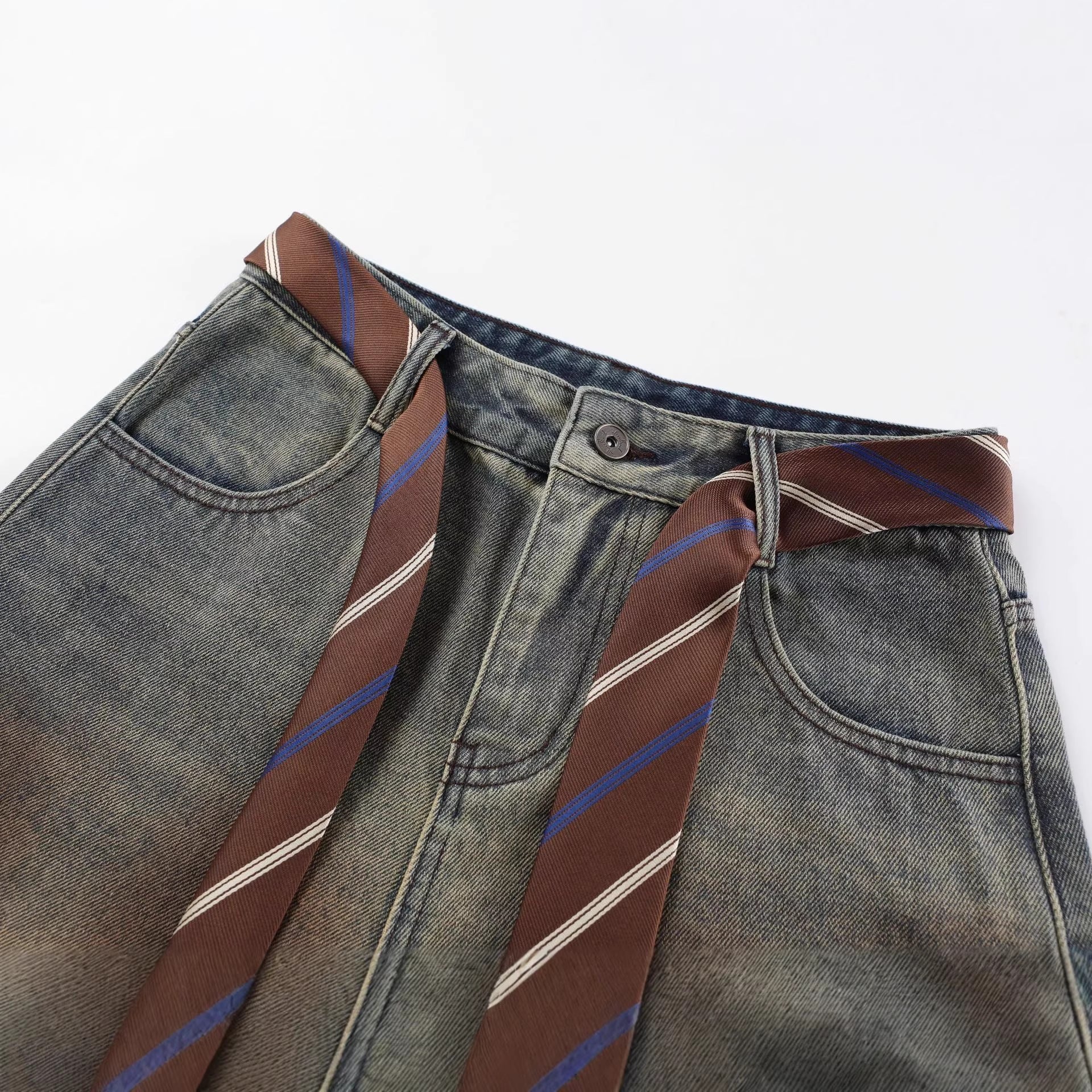 Gradient Sandwash Detachable Tie Baggy Jeans - Drenn