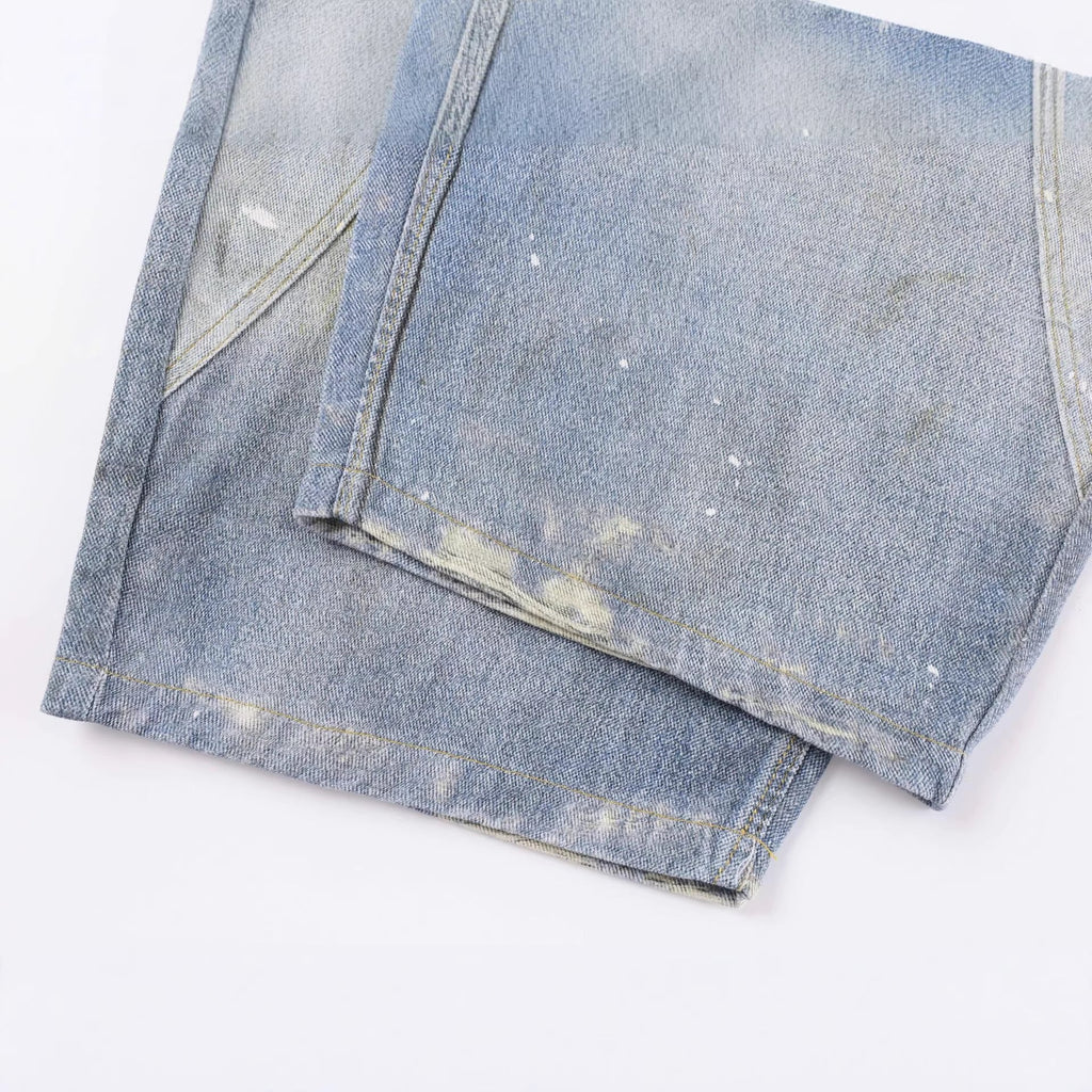 Tie Graphic Print Vintage Wash Wide Leg Denim Jeans - Drenn