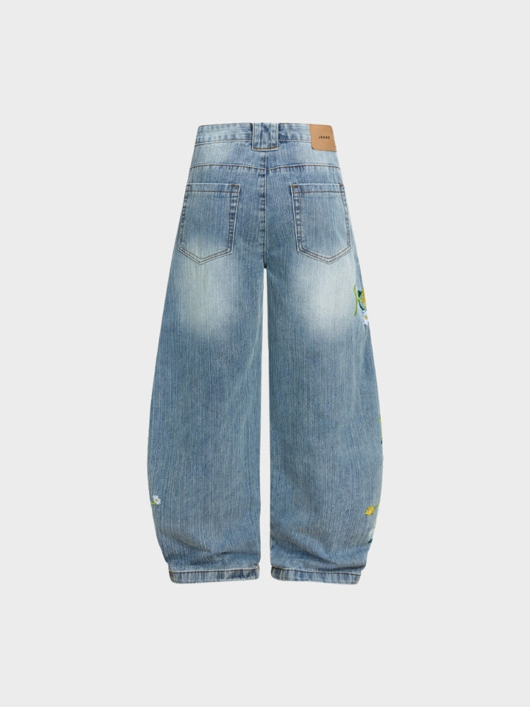 Baggy Washed Flower Denim Jeans