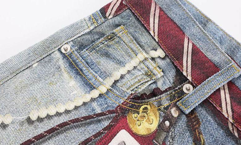 Tie Graphic Print Vintage Wash Wide Leg Denim Jeans - Drenn