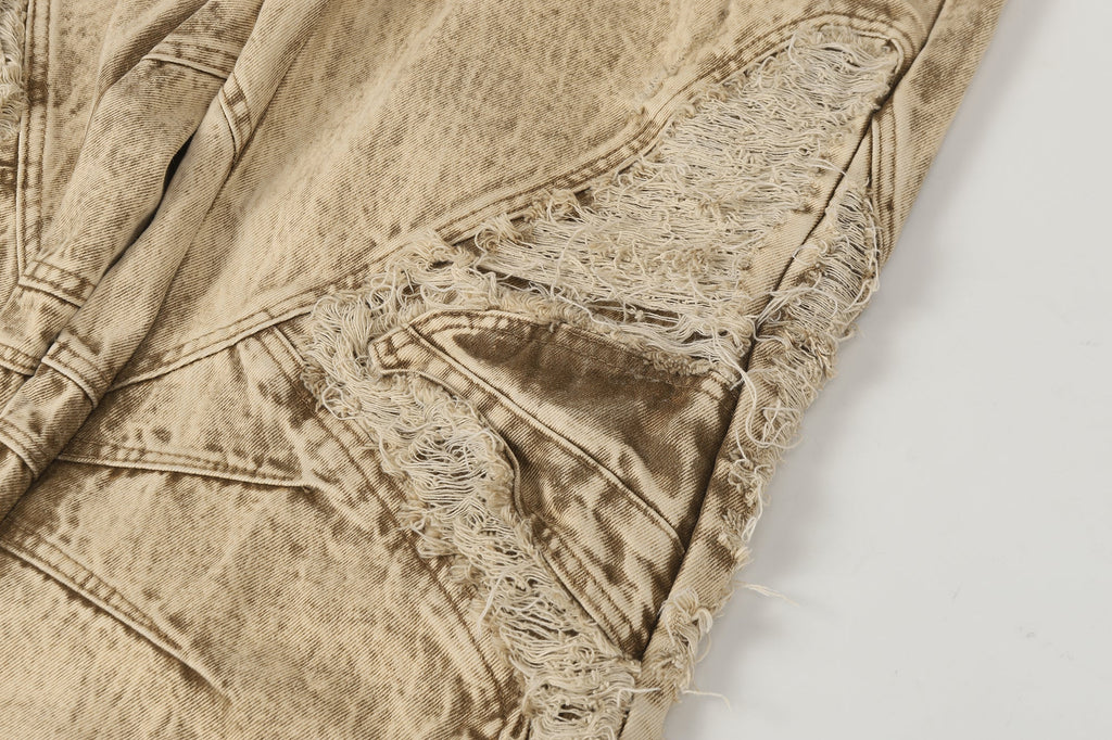 Distressed Raw-Edge Panel Sculpted Wide-Leg Jeans - Drenn