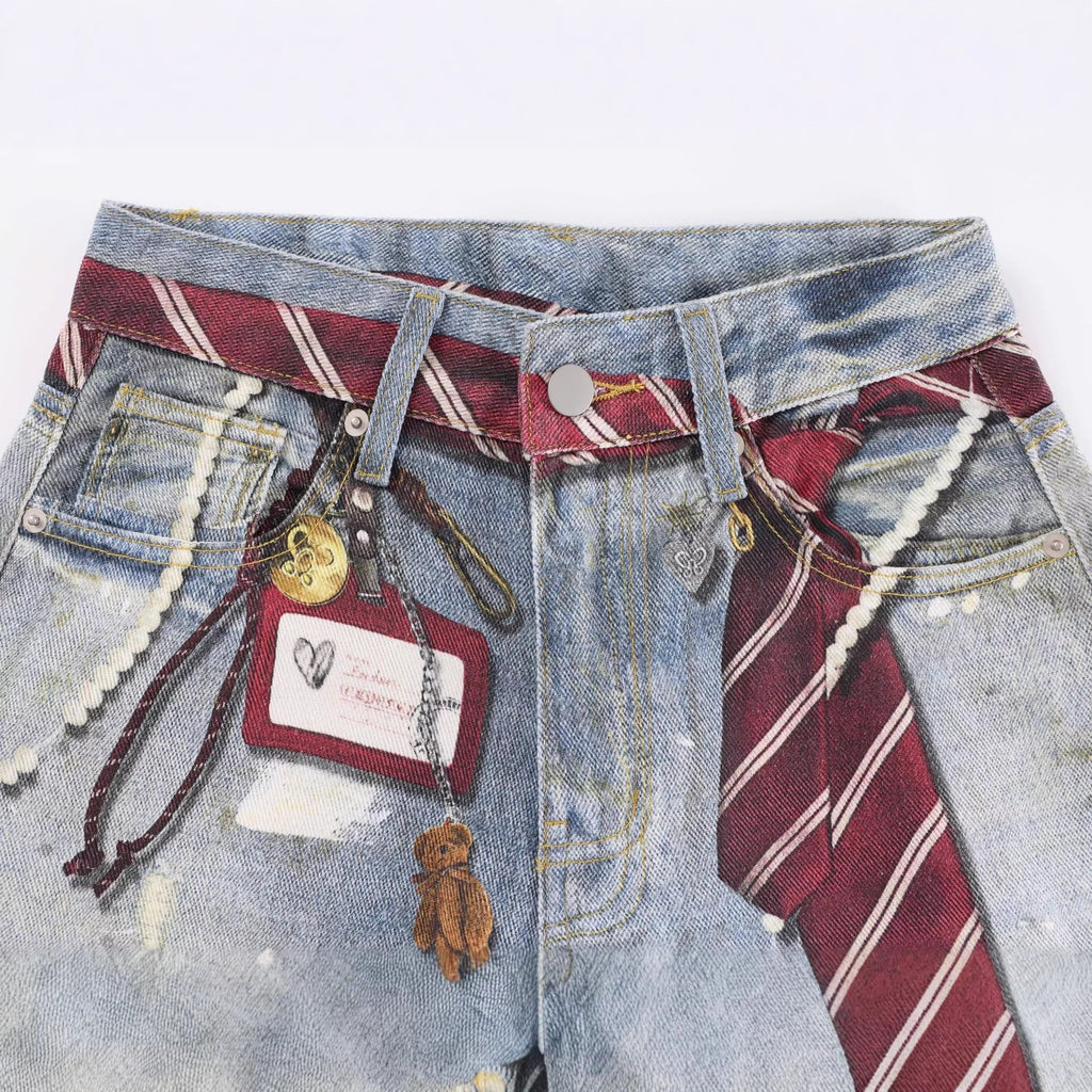 Tie Graphic Print Vintage Wash Wide Leg Denim Jeans - Drenn