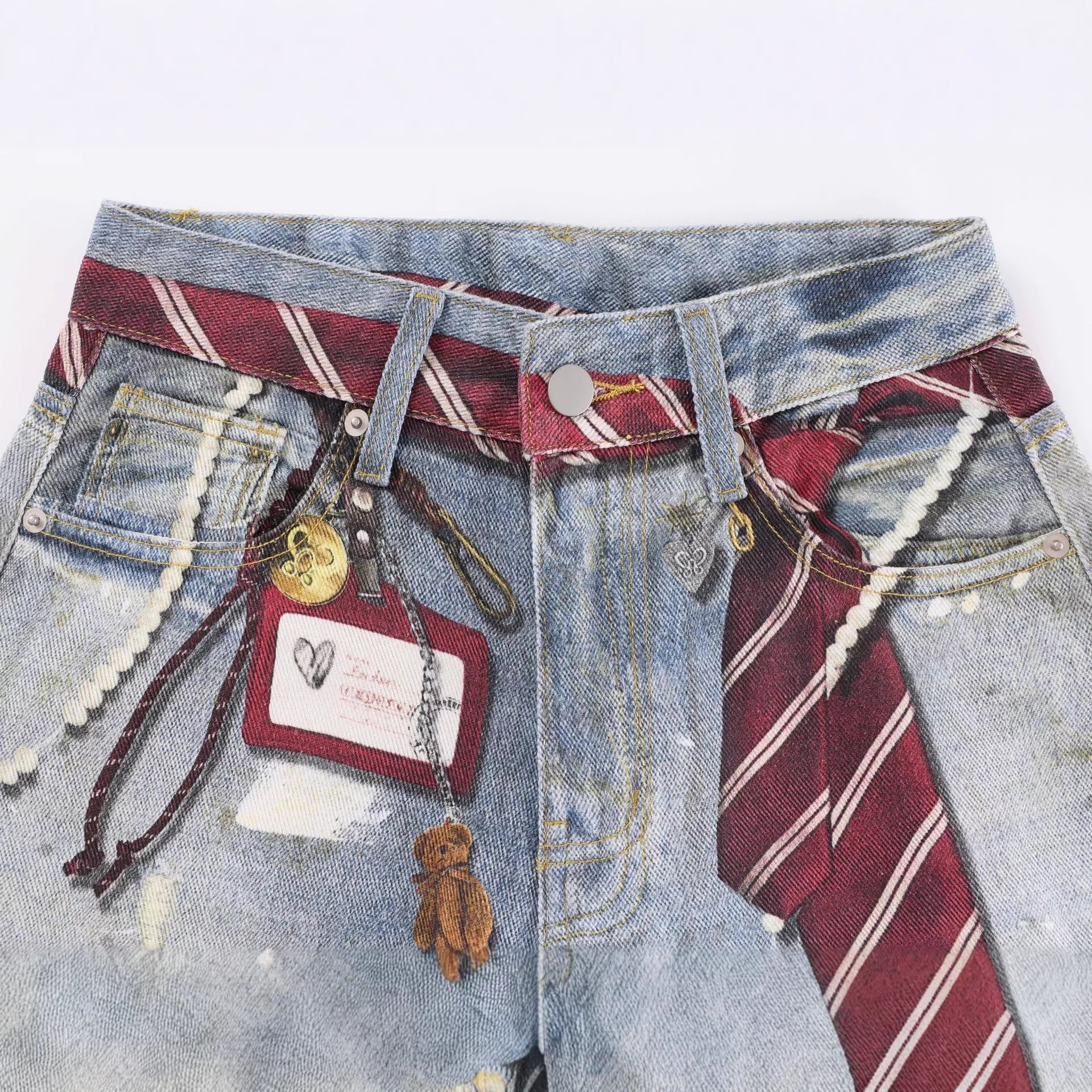 Tie Graphic Print Vintage Wash Wide Leg Denim Jeans - Drenn