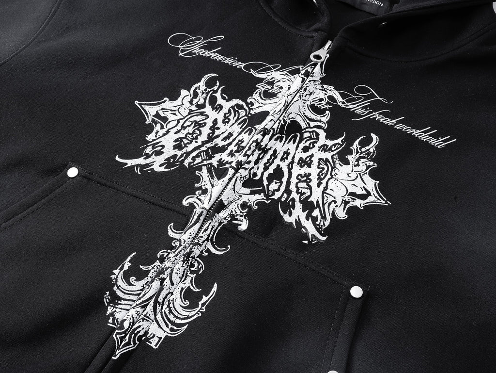 Street Wasteland Washed Cross Print Zip Up Jacket - Drenn