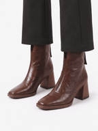 Women's Leather Ankle Boots with Square Heel and Zipper