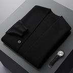 Men’s merino blend cardigan with striped sleeves and patch pockets