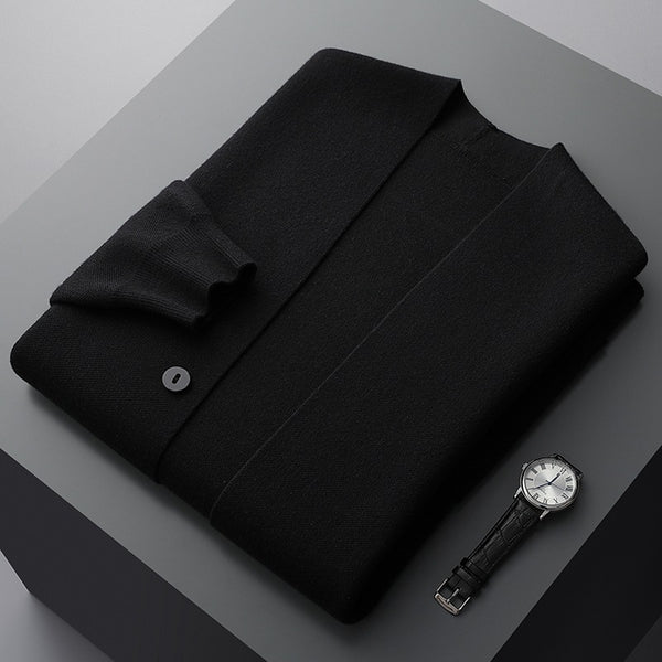 Men’s merino blend cardigan with striped sleeves and patch pockets