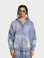 Men's Graffiti Print Washed Zip-Up Hoodie