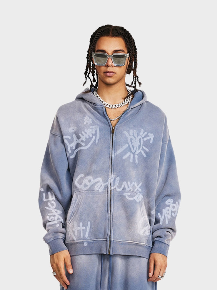 Men's Graffiti Print Washed Zip-Up Hoodie