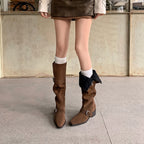 Women's Retro Suede Knee-High Cowboy Boots with Buckle Straps