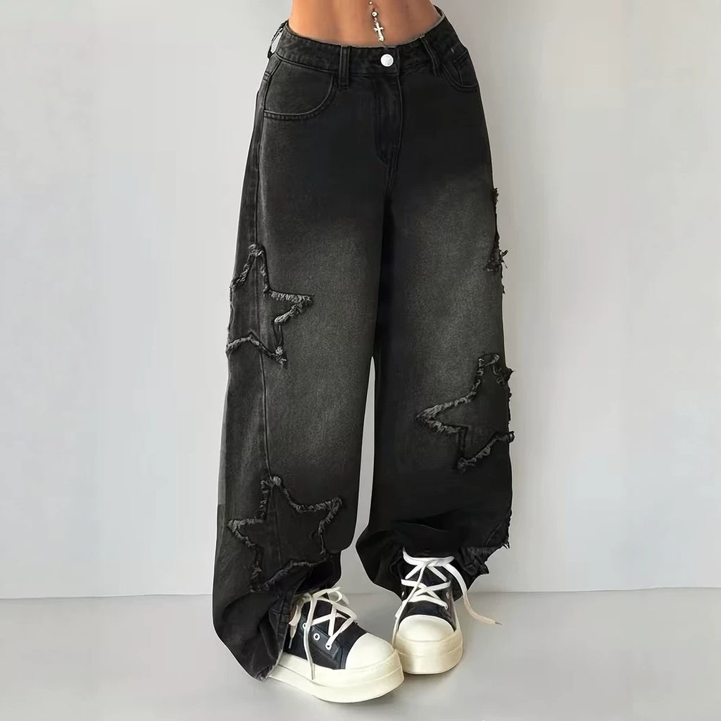 Womens Star-patchwork Wide-leg Denim Jeans