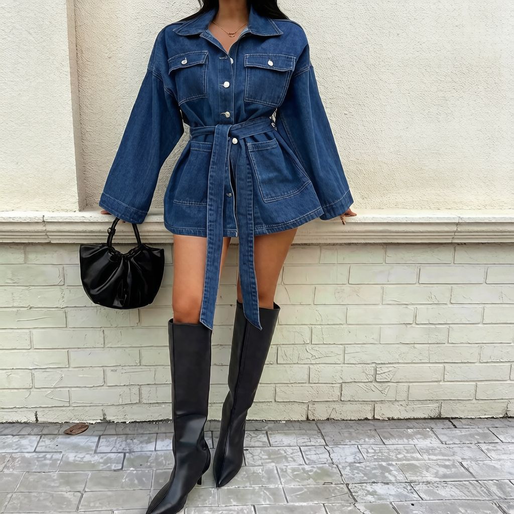 Women's Denim Shirt Dress with Lace-Up Waist