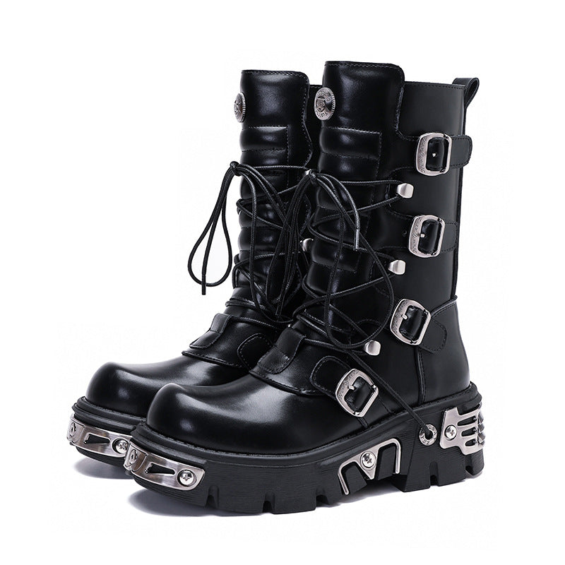 Black Platform Buckle Combat Boots