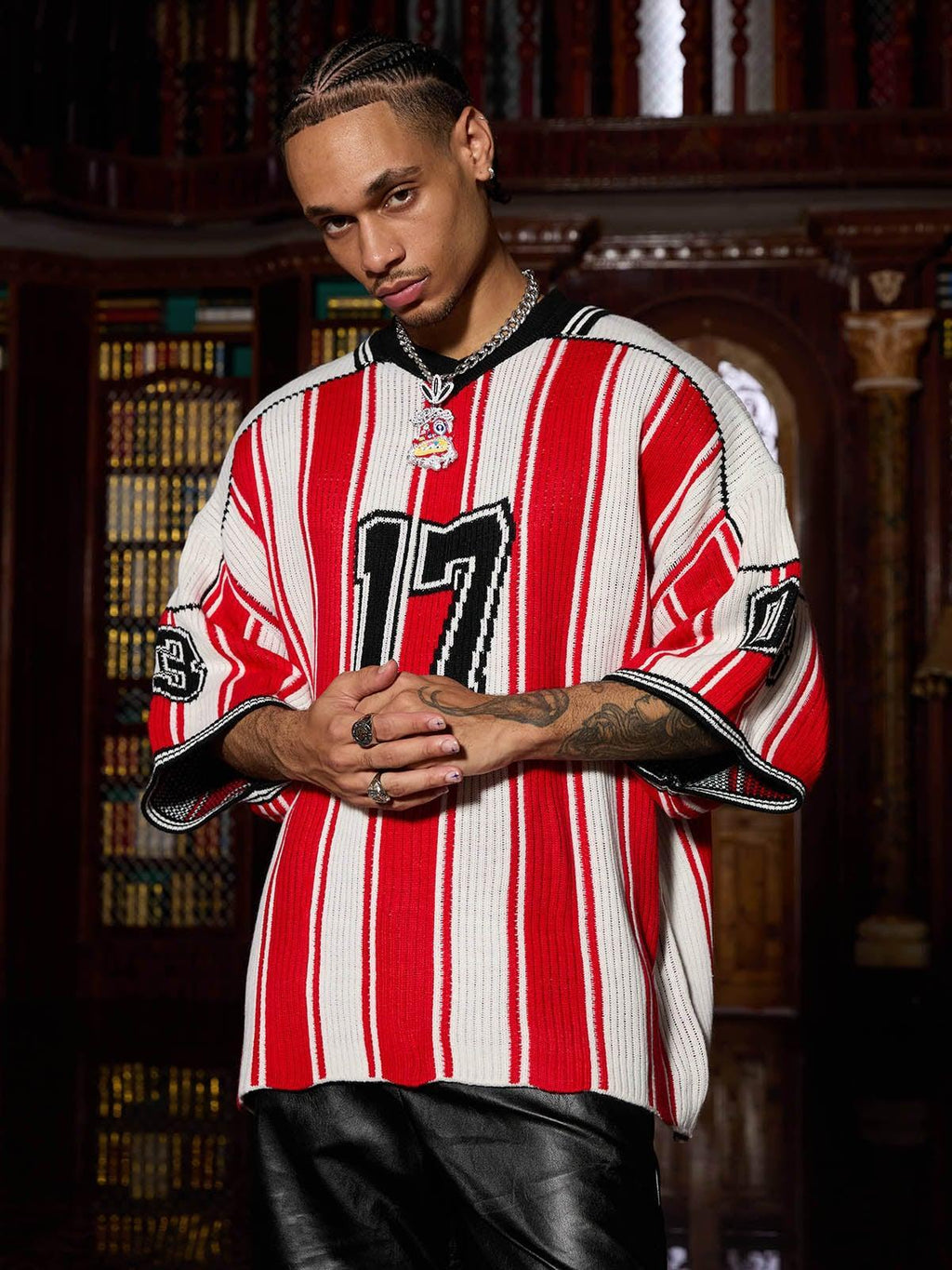Jersey de punto rojo a rayas de manga corta para hombre